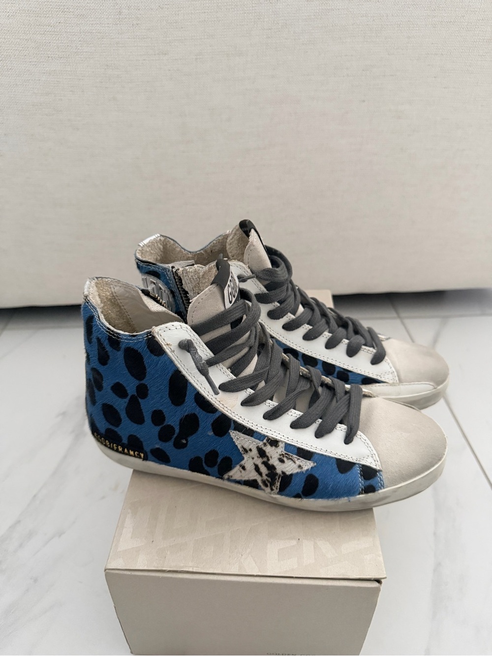 Golden Goose Blue Leopard High-Top Sneakers with Black Spots